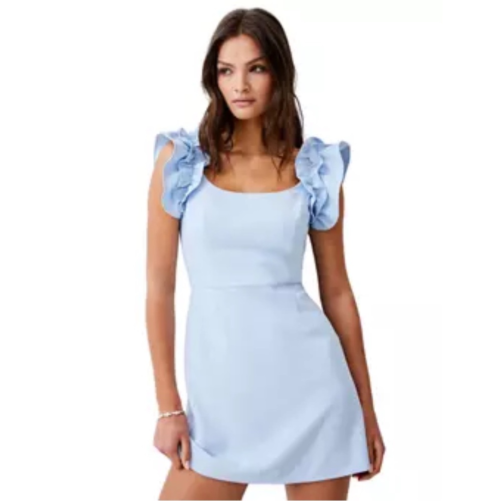 French Connection Ruffle Sleeve Blue Mini Dress (Hemmed)